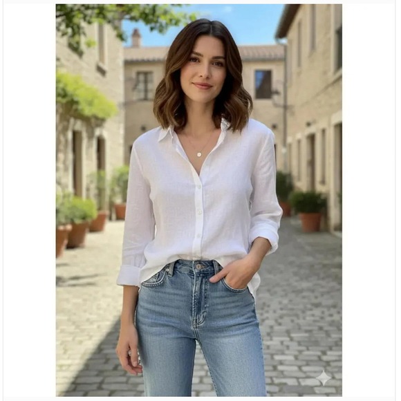 Joie Tops - Joie 100% Linen Long Sleeve Shirt White Collar Button Down Beachy Classic Size L